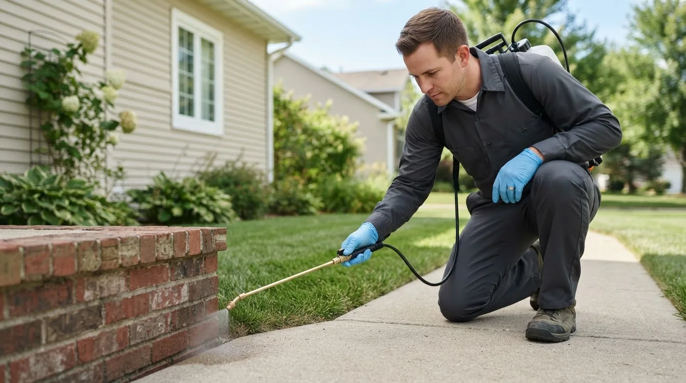 Pest control technician treating a home near Lanesboro, MN